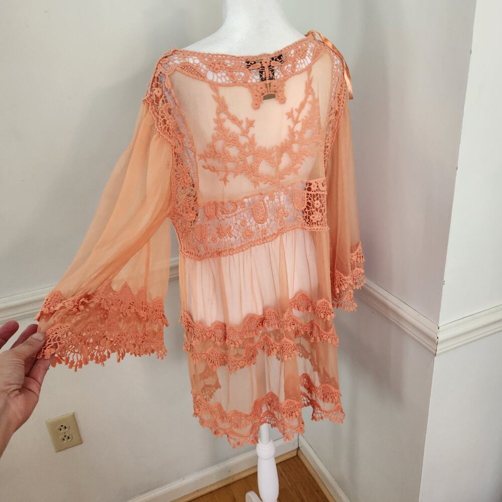 Ali Miles Swim Coverup Tunic Top Size Medium Womens Sheer Mesh Embroidered Dress - Picture 8 of 12